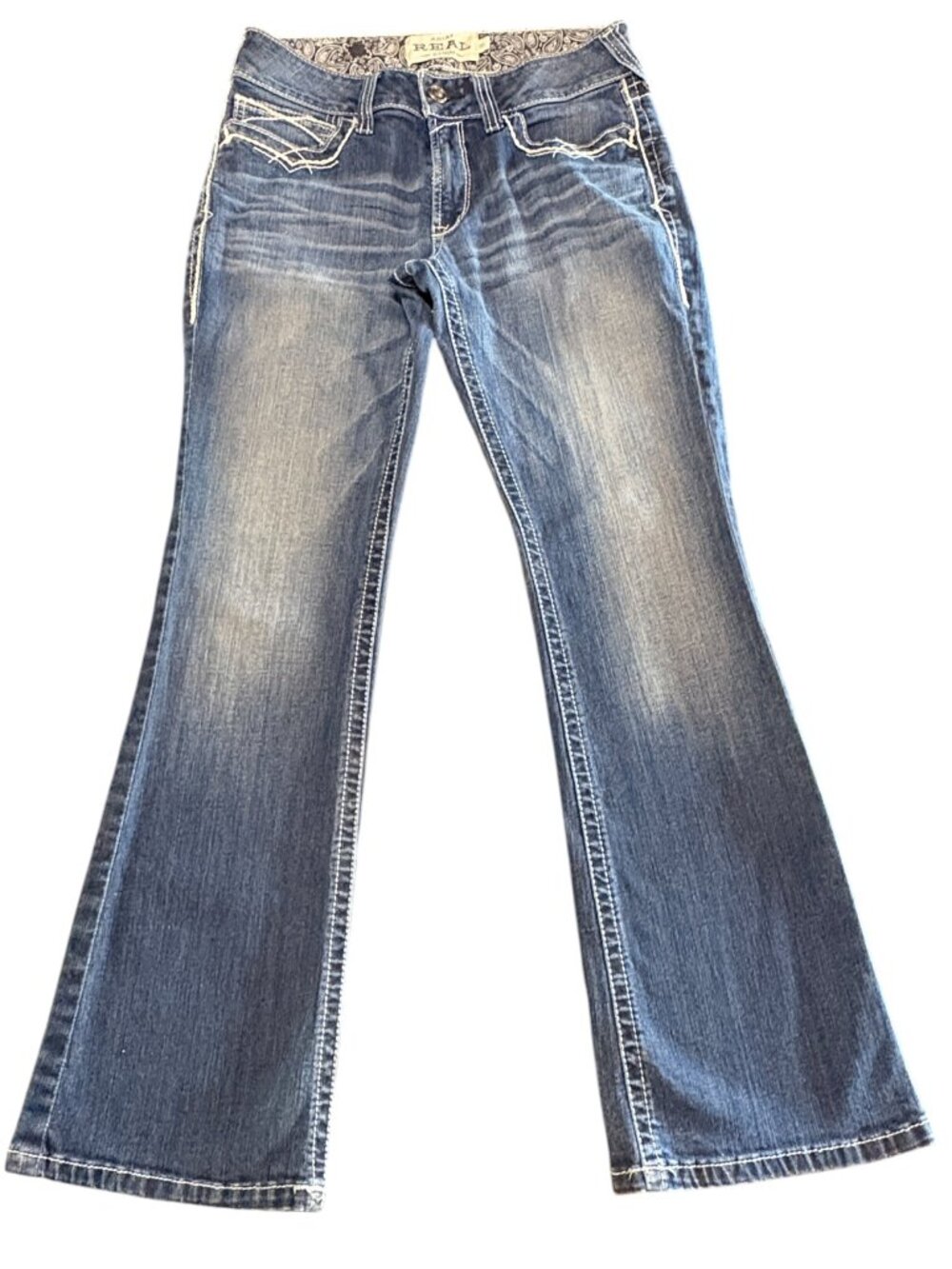 Arait Mid Rise Medium Wash Boot Cut Denim Jeans Heavy Stitching Womens 30S